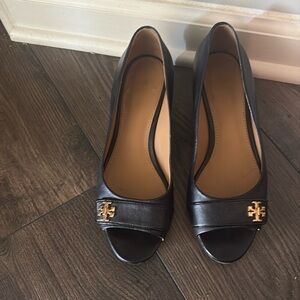 Tory Burch Black Peep Toe Wedges. Size 8